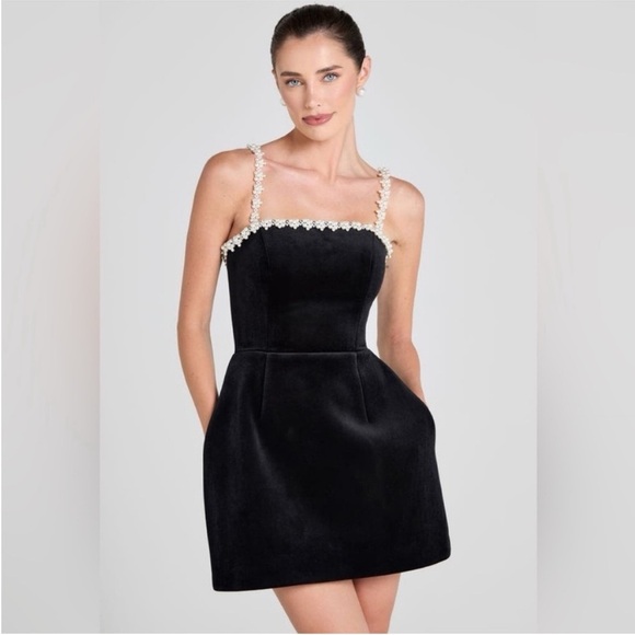 Nadine Merabi Em Velvet Black Pearl Mini Dress - Picture 4 of 11